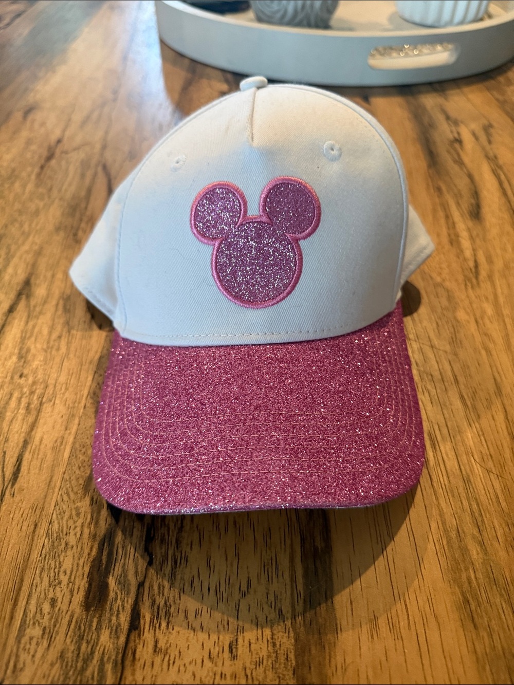 Disney White Cap with Pink Glitter Mickey Logo and Pink Glitter Brim